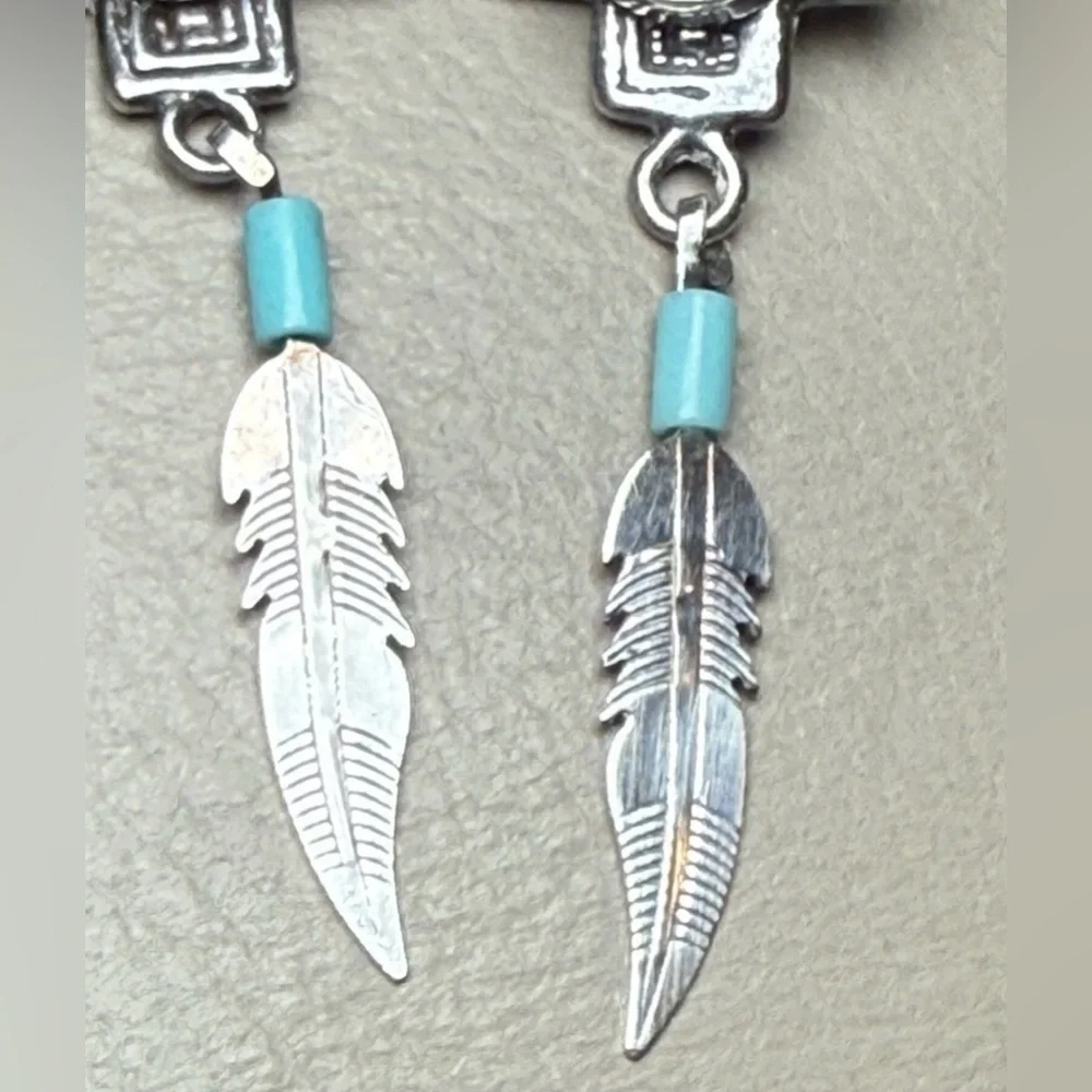 Vtg 925 Sterling Silver Southwestern Turquoise Feather Dangle Earrings by G&S